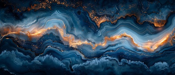 It incorporates the swirls of marble or the ripples of agate. Stunning blue paint with gold powder. - obrazy, fototapety, plakaty