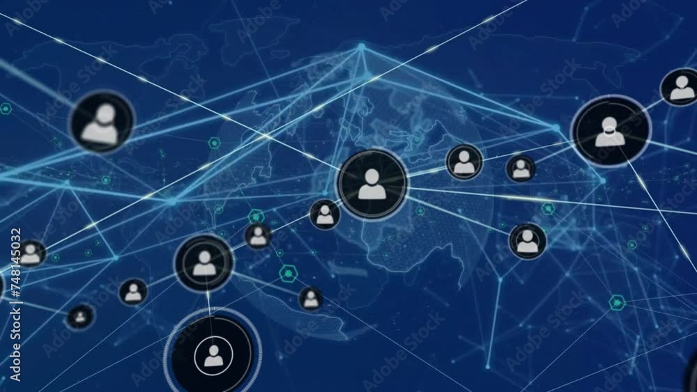 Poster animation of network of connections with icons over world map and globe