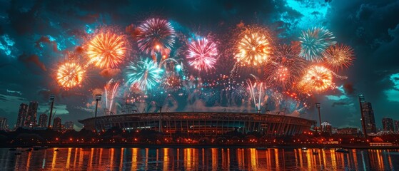Fireworks Symphony: An Awe-Inspiring 3D Rendered Panoramic View of a Stadium Roof Illuminated by Fireworks