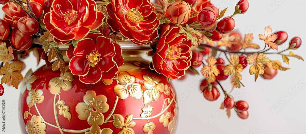 Poster a red vase brimming with an abundance of vivid red flowers, creating a striking display of color and