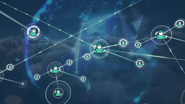 Animation of network of connections with icons over shapes and clouds