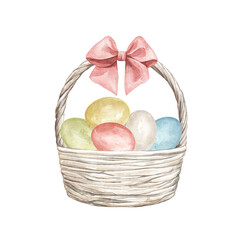 Fototapeta na wymiar Cute vintage rustic wicker basket with Easter colorful eggs and red bow composition isolated on white background. Watercolor hand drawn illustration sketch