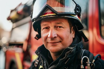 Firefighter with fire truck in the background.  Fire department, emergency response, rescue operations concept. Heroism and bravery. Banner, poster
