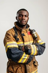Firefighter in uniform isolated on gray. African american man. Fire department, emergency response, rescue operations concept. Heroism and bravery. Studio portrait