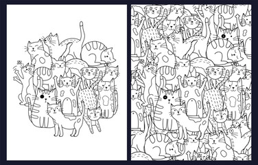Cute doodle cats coloring pages set. Black and white templates with funny feline characters. Outline background. Vector illustration