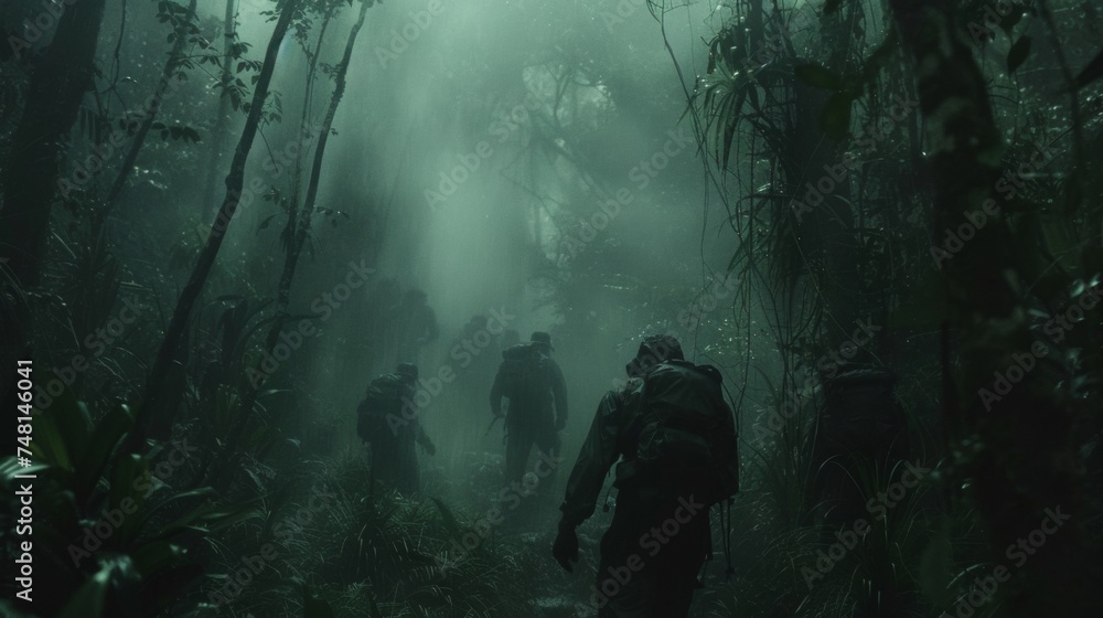 Poster in the midst of a dense forest a group of explorers navigate through treacherous terrain struggling 