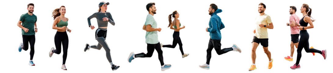 A group of people running runners fitness in sportswear. Isolated background.