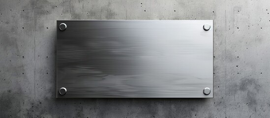 A rectangular metal plaque with a drop shadow is securely mounted to a wall in a clean and professional manner. The plaque serves as a copy-friendly design element.