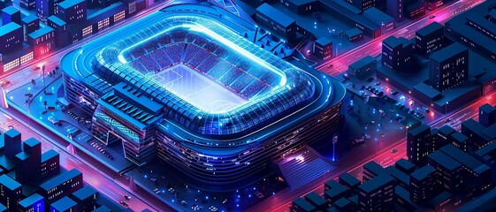 an isometric 3D smart stadium building with a highly technological aesthetic and a dynamic lighting scheme for a truly futuristic and technologically advanced sports arena.  - obrazy, fototapety, plakaty