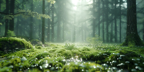 Fototapeta na wymiar A forest meadow full of flowers The warm glow of morning sunlight streams through the dense canopy of a verdant forest, illuminating the green undergrowth and peaceful glade.