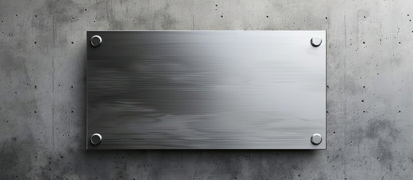 A rectangular metal plaque with a drop shadow is securely mounted to a wall in a clean and professional manner. The plaque serves as a copy-friendly design element.