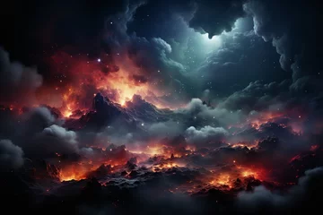 Foto op Canvas A mesmerizing digital art of a cataclysmic volcanic eruption, engulfing the world in flames and ash. The volcano spews molten lava and ash into the sky © wiwid