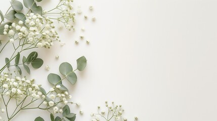 Gypsophila flowers and green eucalyptus leaves on white background top view. - obrazy, fototapety, plakaty