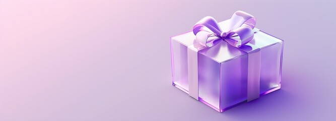 Transparent glass gift box on purple background.