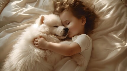 Childlike Innocence A Young Girl Snuggles with Her White Dog in Bed