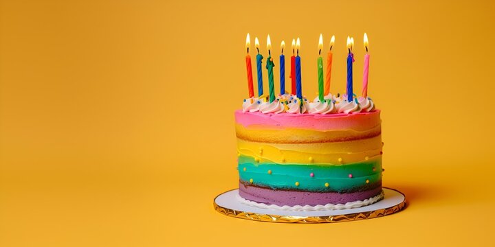 Birthday colorful cake decorated with sweets and candles on a yellow background 