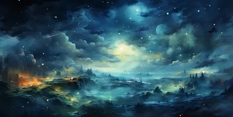 Foto op Canvas An enchanting painting of a starry night sky with a full moon casting its silvery glow over a serene landscape. The stars twinkle and shimmer in the sky, while the moon hangs brightly overhead. © wiwid