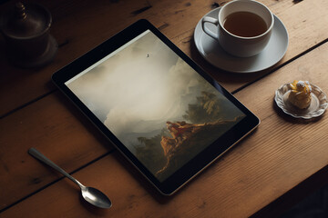 Mockup tablette dans une ambiance de café, table en bois et thé - obrazy, fototapety, plakaty