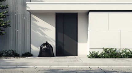 a large black bag of garbage placed conspicuously on the threshold of a sleek, modern house with a pristine white facade.