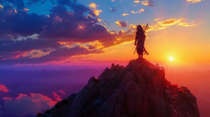 A lone Apache warrior stands tall on a mountain peak his silhouette outlined against the vibrant colors of the setting sun. - obrazy, fototapety, plakaty
