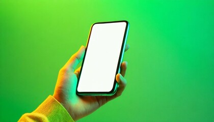 Hand using smartphone with blank screen, isolated on green background
