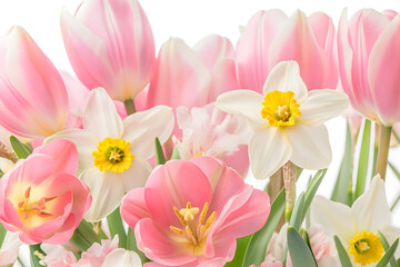 Pink and white tulips with a mix of pink and yellow blooms create a beautiful spring bouquet, isolated and showcasing the beauty of nature in a floral garden.