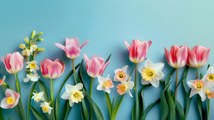 Vibrant spring tulips on blue background, Blossoming with beauty and bright colors, Copy space ready for your product or text.