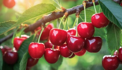 Red cherries on tree in cherry orchard