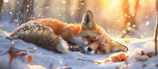 A red fox is curled up, fast asleep in the snow under the soft glow of sunlight. The foxs fur stands out vividly against the pristine white snow.