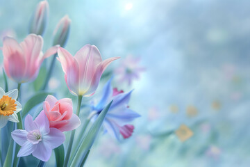 Fototapeta na wymiar Spring garden blooms with pink tulips, lily, and beautiful floral blossoms on blurry garden background. Copy space ready for your product or text.