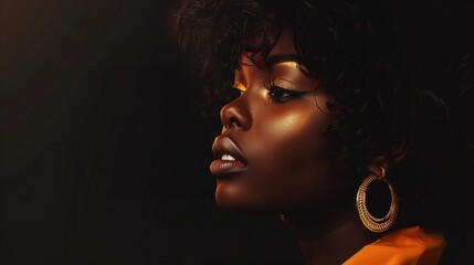 portrait of elegant afro woman with gold earrings and chain, banner with black background