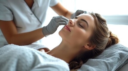Fototapeta premium young woman having facial mask spa therapy in beauty salon