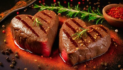 Two grilled heart-shaped beef steaks with spices. Valentine's Day concept