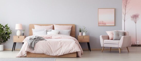 Fototapeta na wymiar A pastel bedroom featuring a neatly made bed with pink bedding, wooden nightstands on each side, and a grey armchair in the corner. The room exudes a simple yet elegant atmosphere.