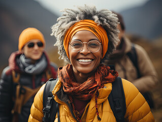Smiling mature woman out hiking with friends in some mountains