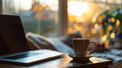 A professional working on a laptop from a cozy home office, a cup of coffee by their side, remote and hybrid work concept, blurred background, with copy space