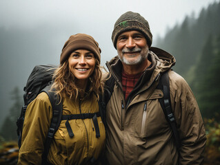 Couple in outdoor gear smiling during a hike in misty hills