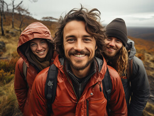 Young man and some friends smiling during a nature hike