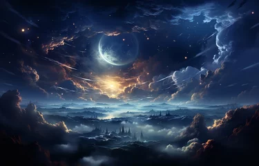 Foto op Canvas A mesmerizing digital art of a night sky teeming with stars, clouds, and a crescent moon, casting its ethereal glow over a tranquil landscape. © wiwid