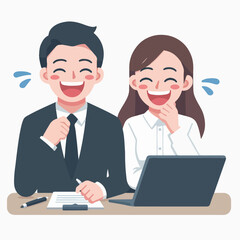 Fototapeta na wymiar flat design illustration of a working couple joking and laughing happily together