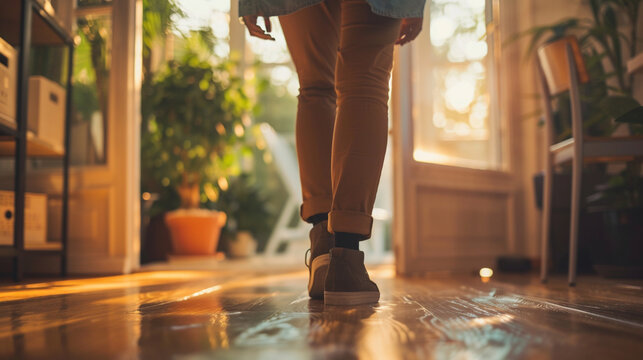 A Professional Stepping Out Of A Home Office To Take A Break, Illustrating Work-life Balance In Remote Work, Remote And Hybrid Work Concept, Blurred Background, With Copy Space