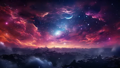 Zelfklevend Fotobehang The nebula is a symphony of color, with its vibrant hues of pink, blue, purple, and yellow contrasting beautifully with the blackness of space © wiwid