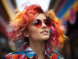 Young lgbtqi person with colorful hair standing outside in a market