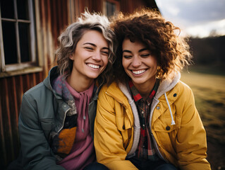 Young lgbtqi couple laughing outside a cabin during a getaway
