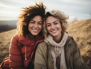 Young lgbtqi couple smiling during a hike together in nature