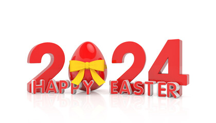3d rendering of the year 2024 in red with the number zero as an Easter egg with a yellow ribbon, in the foreground is a lettering with the message Happy Easter on a reflective floor.