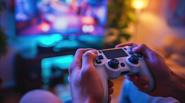 Close-up of a man's hands holding a game controller playing video games at home on neon light, A man plays a video game, generative ai