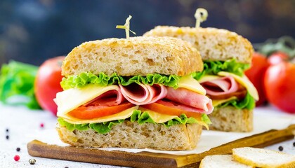 Sandwich Tasty sandwich with ham or bacon cheese tomatoes lettuce and grain bread delicious club sandwich or school lunch breakfast or snack.