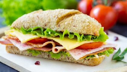 Sandwich Tasty sandwich with ham or bacon cheese tomatoes lettuce and grain bread delicious club sandwich or school lunch breakfast or snack. 