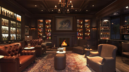 An intimate and cozy space with a cozy fireplace and plush couches showcasing a bar with an extensive collection of rare liquors and artisanal beers catering to the discerning